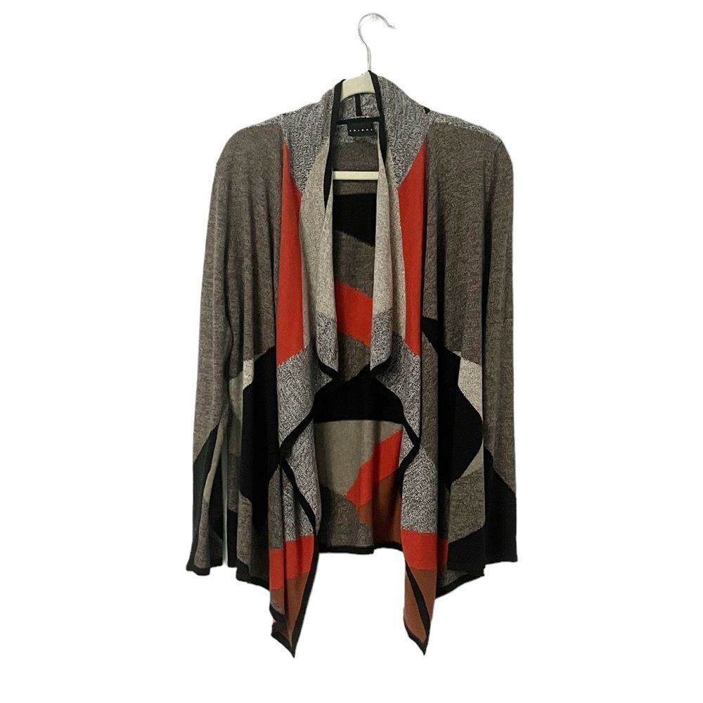 Tribal Asymmetric Open Front Geometric Cardigan Black Brown Orange Size S